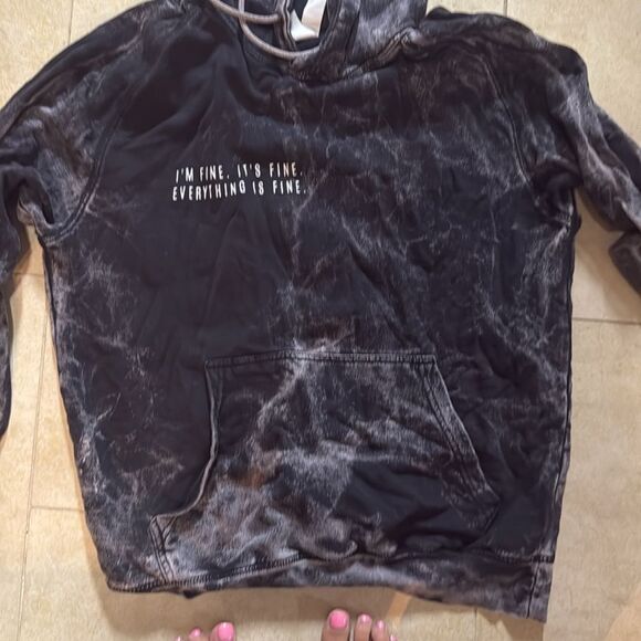 Womens Acid Wash Died Black & Gray Hoodie Medium - “Everything Is Fine” LIKE NEW - Picture 3 of 4